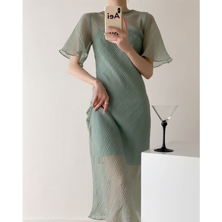 Đầm, váy nữ dáng dài 2 lớp tay ngắn xếp ly màu xanh bạc hà thời trang mùa hè mới nhất VDA1