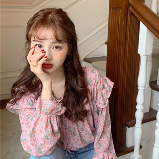 (ORDER) Áo sơ mi nữ hoa nhí cổ bèo thắt nơ màu hồng điệu đà tiểu thư Hàn Quốc