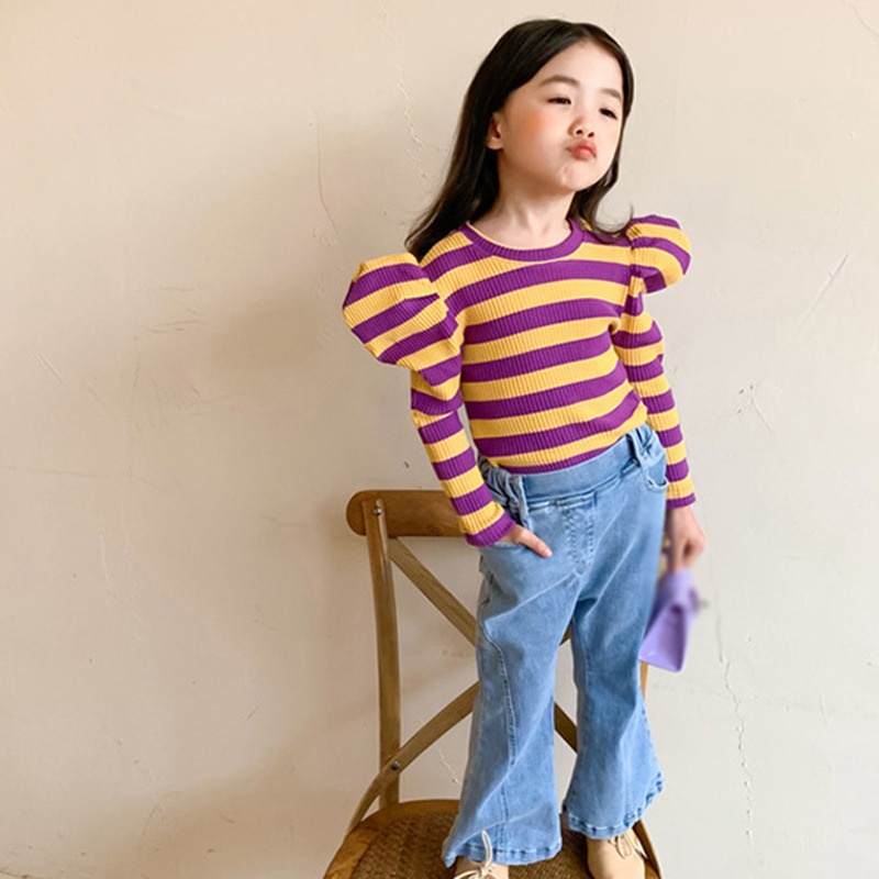 Áo len mềm tay phồng họa tiết kẻ sọc thời trang cho bé gái