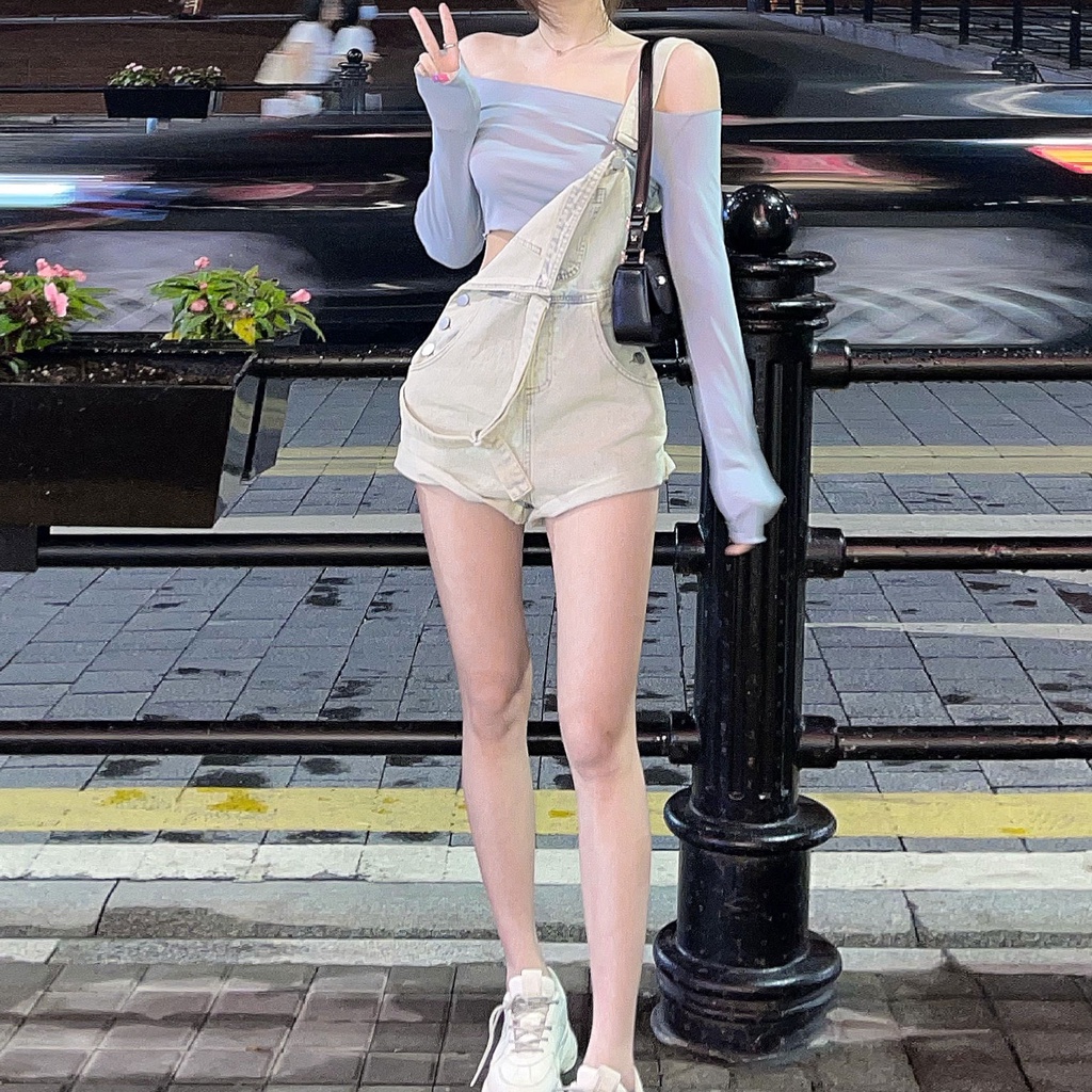 SET ÁO TRỄ VAI NỮ DÀI TAY + QUẦN YẾM SHORT JEAN TÔN DÁNG NỮ ULZZANG