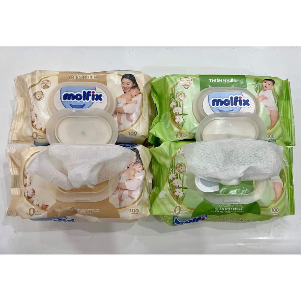 Combo 3 Khăn ướt trẻ em thiên nhiên sạch khuẩn vệ sinh KHÔNG CỒN Molfix- Loại gói 100 miếng