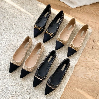 2021 new spring and autumn Korean style woolen cloth pointed small fragrant wind flat shallow shallow mouth flat heels 