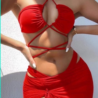 SET 3 MÓN Bikini, Đồ Bơi Đi Biển Hai Mảnh Áo Buộc Dây Quấn Eo Váy Rút Bên Hông Sexy MS01
