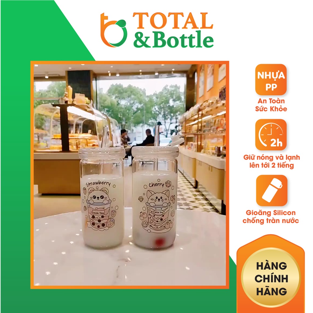 ✖❖❧Bình thủy tinh dễ thương, uống trà sữa họa tiết hoạt hình vui nhộn có ống hút 450mL - Total Bottle