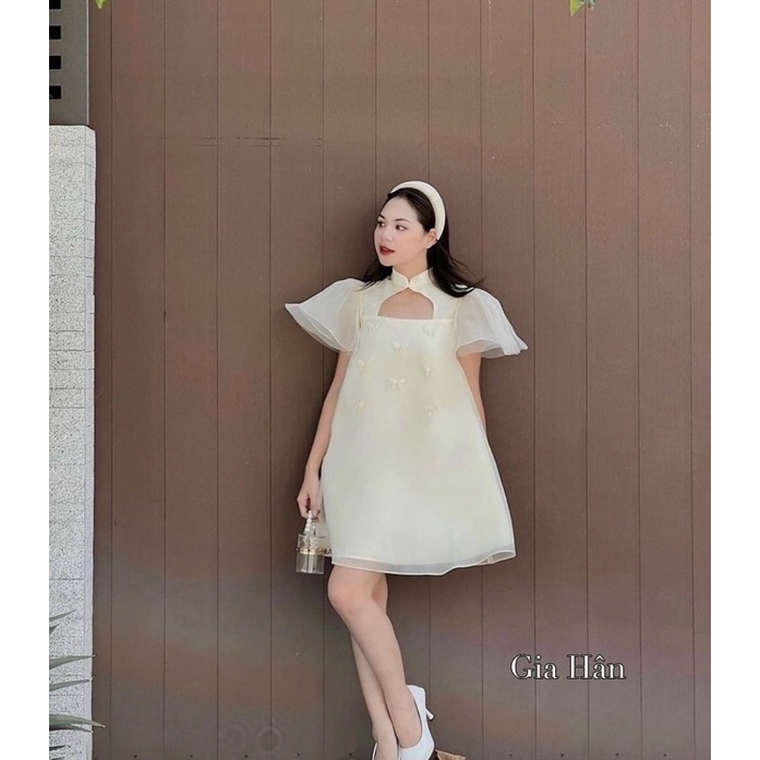 ĐẦM TƠ BABYDOLL CỔ KHOÉT TAY BỒNG ĐÍNH CÁNH BƯỚM SIÊU XINH - Váy babydoll tơ phối cách điệu