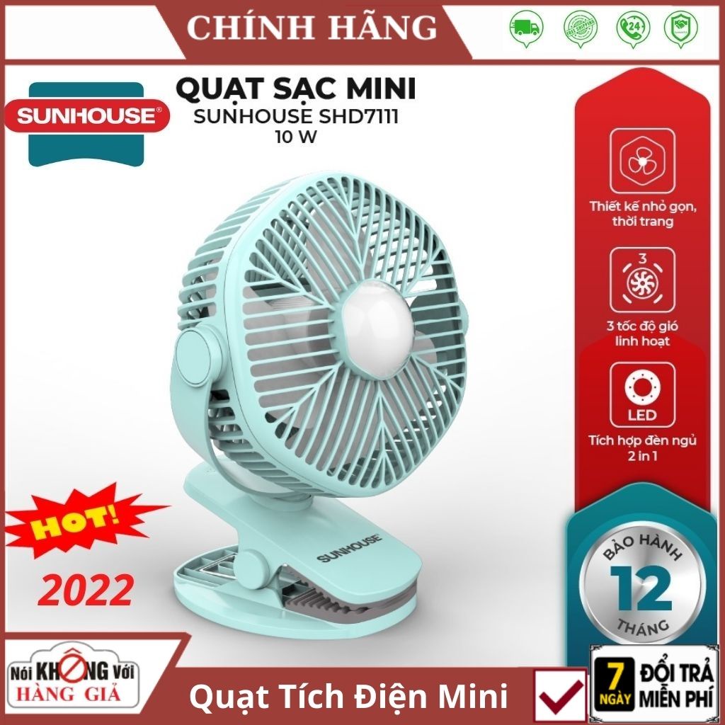 Quạt sạc tích điện mini Sunhouse Shd7111 - quạt sạc pin kẹp bàn có đèn , để bàn, kẹp nôi, ghế ăn dặm và xe đẩy cho bé