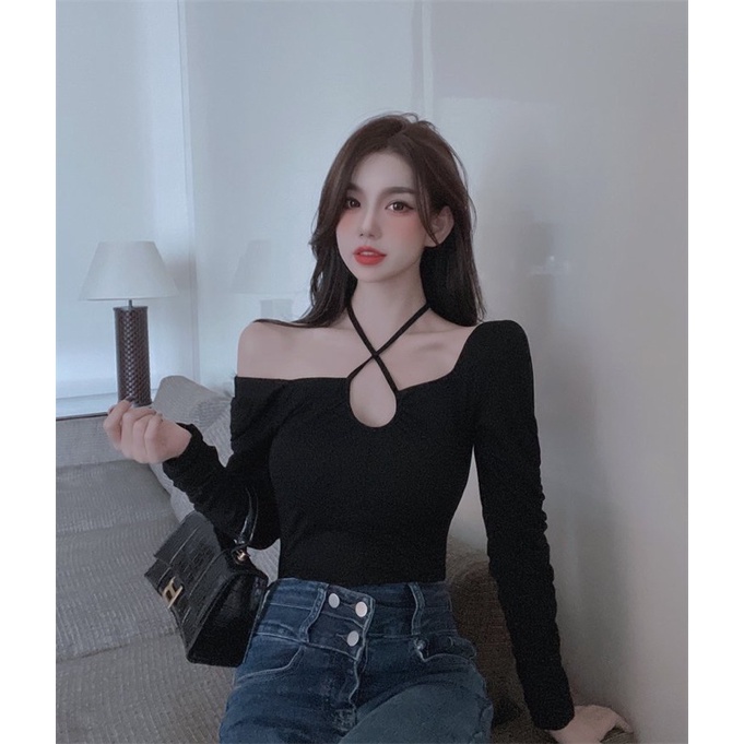 Áo thun dài tay body dây chéo cổ, áo ôm tôn đường cong mặc thu đông <55kg