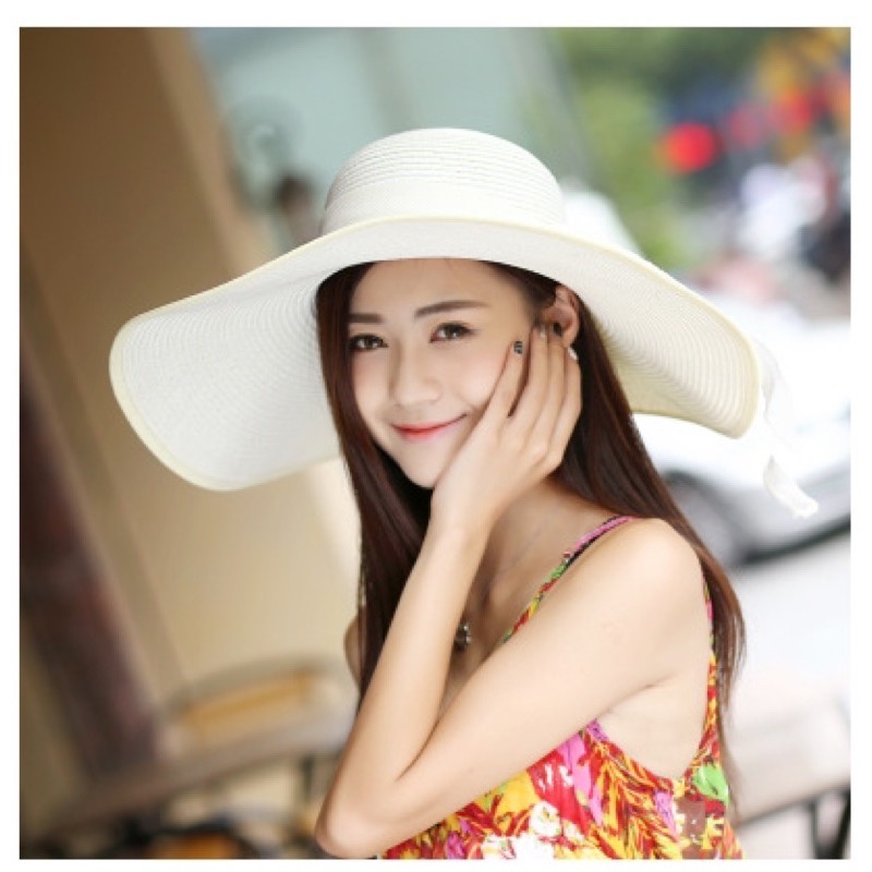 Mũ cói ( Nón cói) vành rộng 45cm bo viền phối nơ vải bố siêu xinh(SH12)