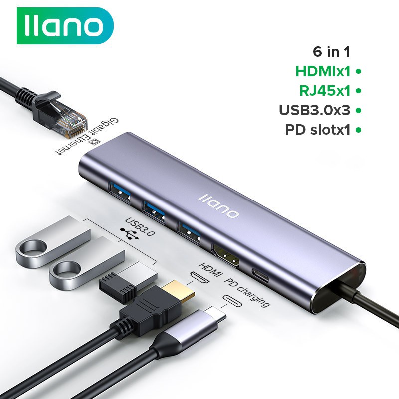 Bộ hub chia sạc LLANO usb type c hub 4K hdmi usb3.0 rj45 lan otg pd 6 trong 1 cho máy tính laptop&lt;br&gt;