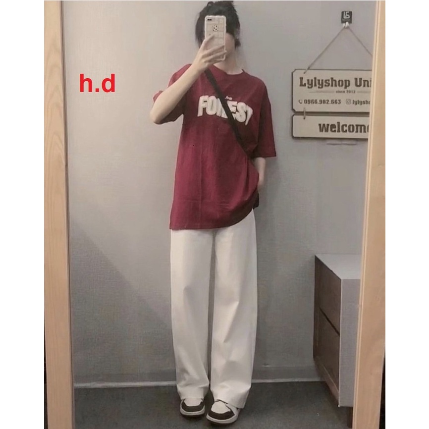 Set bộ quần trắng ống rộng áo phông đỏ FOREST tay lỡ dáng rộng FREESIZE phù hợp cho cả nam và nữ