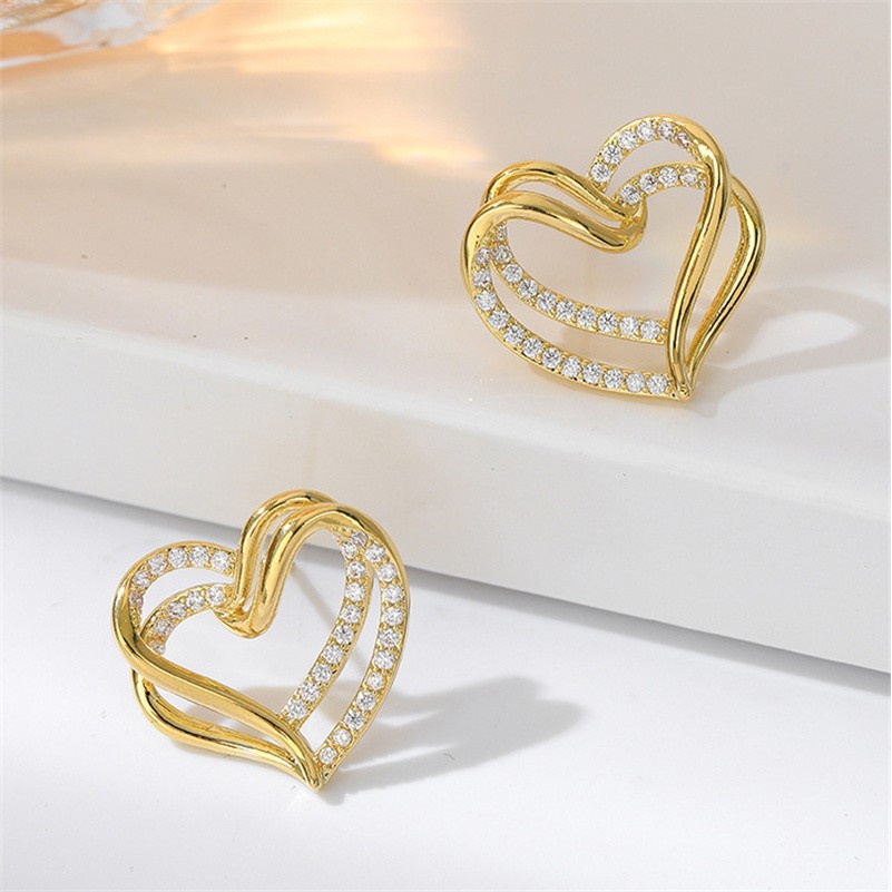 Bông Tai Mạ Bạc 925 Đính Đá Hình Trái Tim Đôi Xinh Xắn Cho Nữ