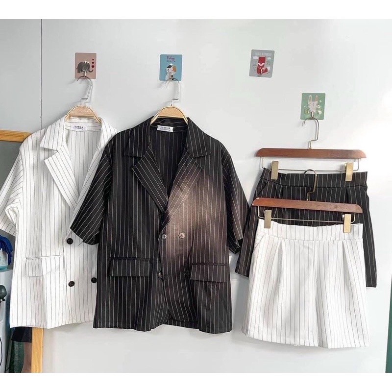 Set Vest/Blazer kẻ sọc Hàn Quốc 2 màu đen - trắng [Kèm ảnh thật] | BigBuy360 - bigbuy360.vn