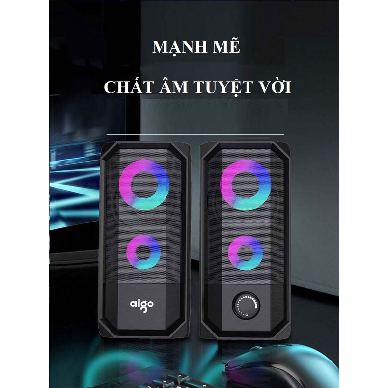 Bộ 2 chiếc Loa máy tính, Loa Để Bàn Aigo S563 âm thanh vòm 360 độ có đèn led kết nối cổng USB và Jack 3.5mm