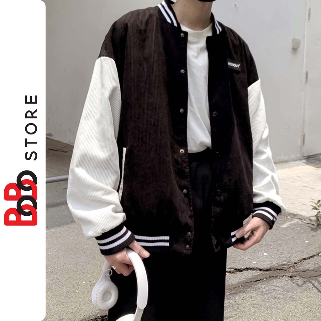 Áo khoác bomber nhung tăm thêu chữ MISSOUT trước ngực form rộng dành cho nam nữ - BoBo Store