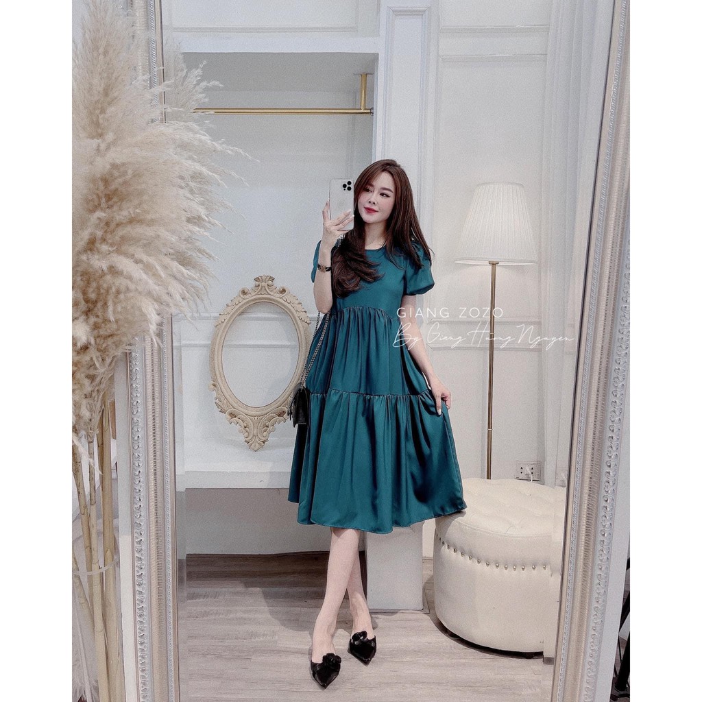 Váy babydoll, Váy xuông đầm tiểu thư phom rộng nhún tầng điệu đà, váy thiết kế đủ size, hàng đẹp màu xanh đẹp mắt