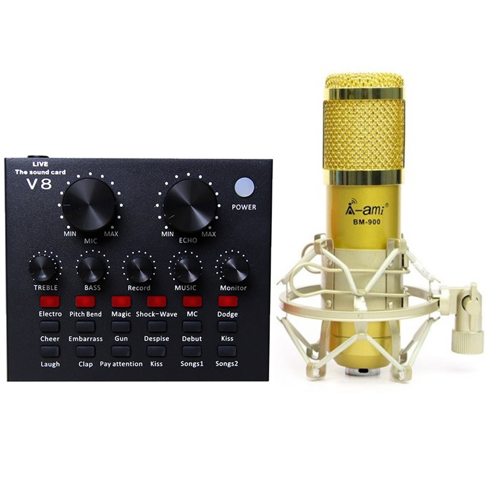 Bộ live stream thu âm card V8  v68 mic b900 new tặng tai phone có giá tốt