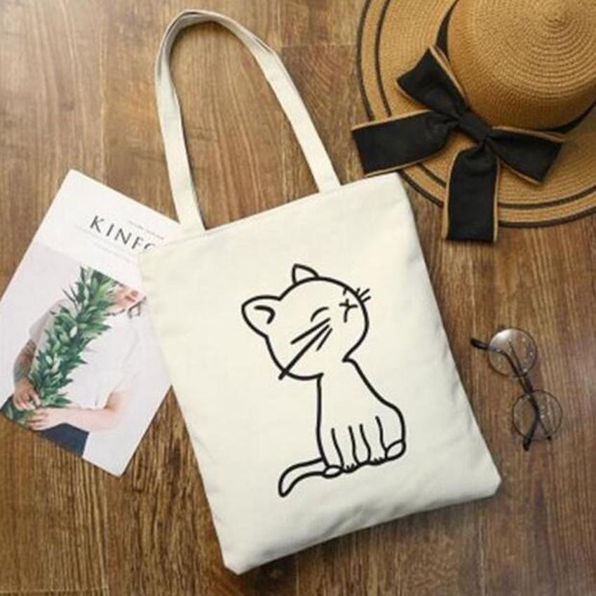 Túi tote vải bố đựng đồ canvas phong cách Hàn Quốc mèo con dễ thương