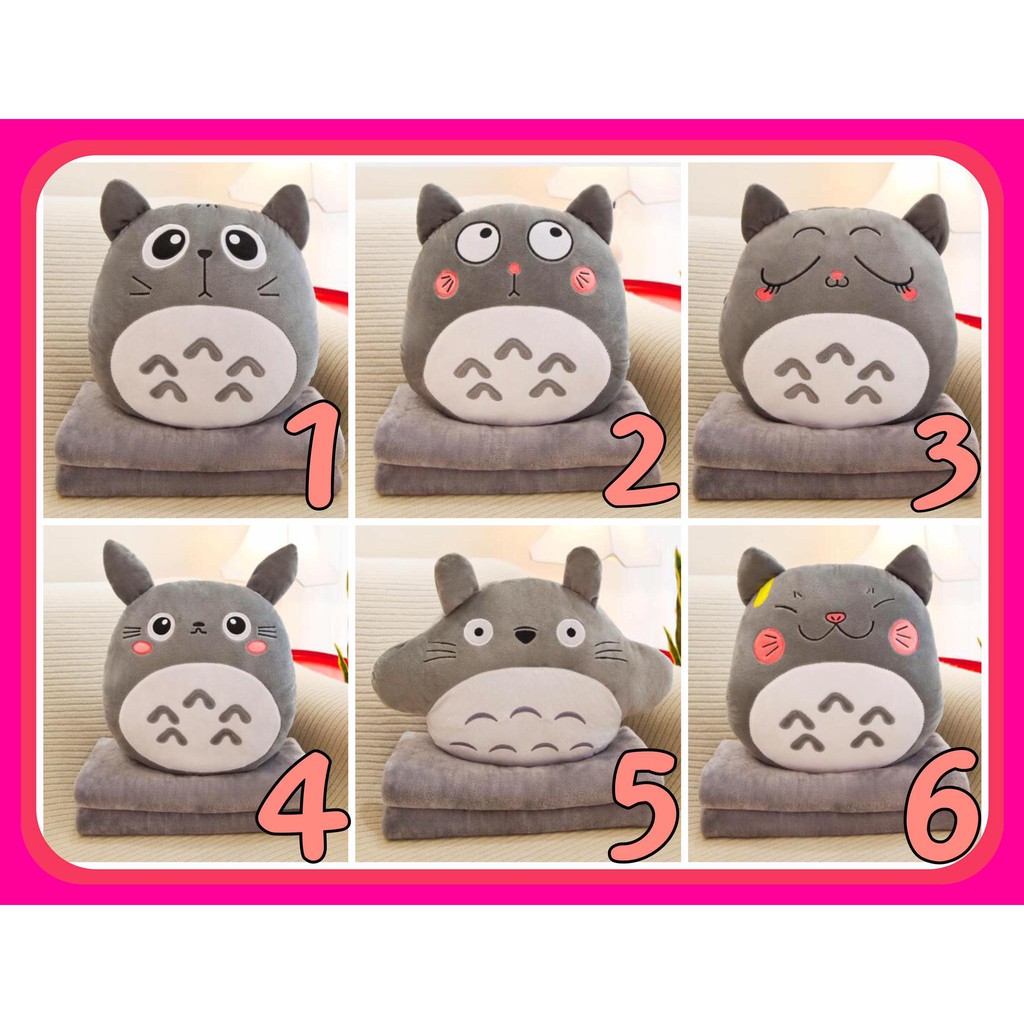 Bộ chăn gối văn phòng totoro biểu cảm chăn lông 2 mặt có ủ tay (xám)