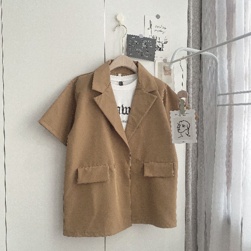 Sét áo blazer nâu tây ngắn tay kèm áo phông trắng freesize 42-55kg