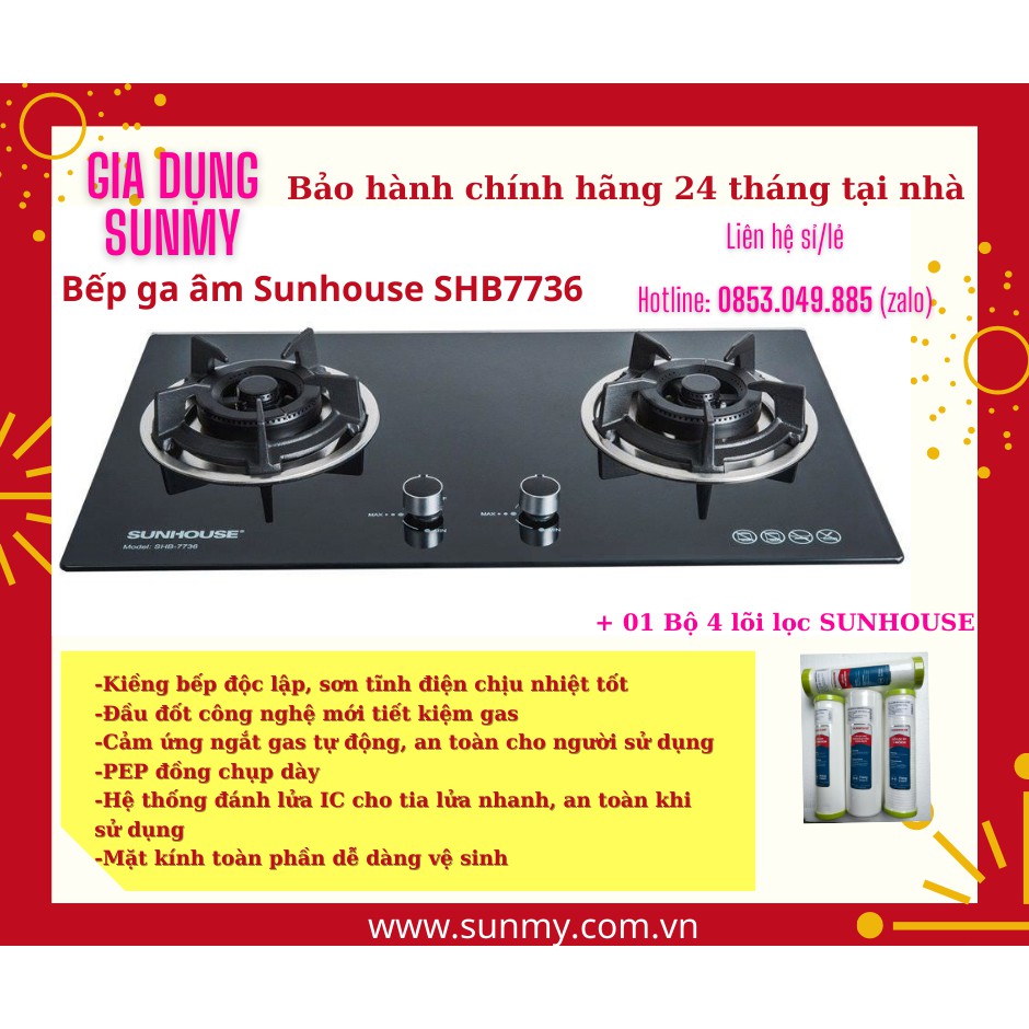 Bếp ga âm kính sunhouse shb7736