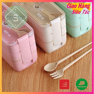 Hộp đựng cơm/thức ăn Lúa mạch 3 tầng sang trọng, 3 màu pastel kèm muỗng/thìa