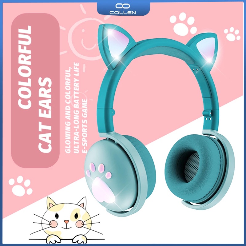 Tai Nghe Chụp Tai Kết Nối Bluetooth 5.0 Có Đèn LED Hình Tai Mèo Kèm Mic Cho Trẻ Em