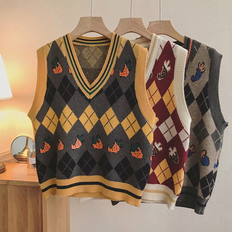 Áo len không tay cổ chữ v dáng rộng phong cách vintage