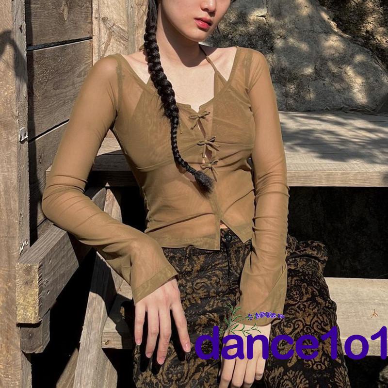 ◑If❀Áo Croptop Tay Dài Màu Sắc Thiết Kế Xuyên Thấu Quyến Rũ