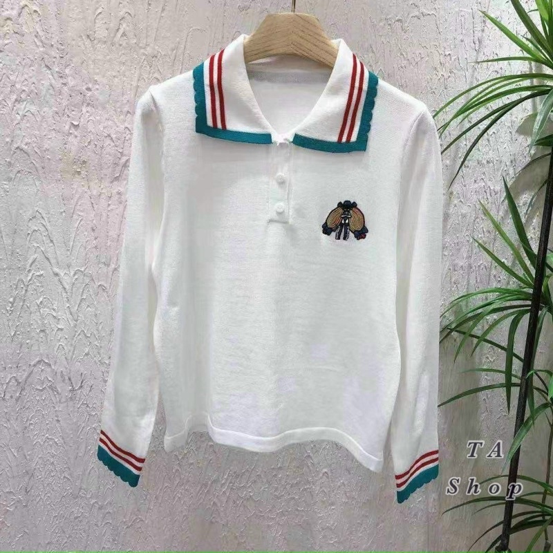 Áo len ong cổ đức phối viền xanh tay dài, len mongtoghi đầu mùa
