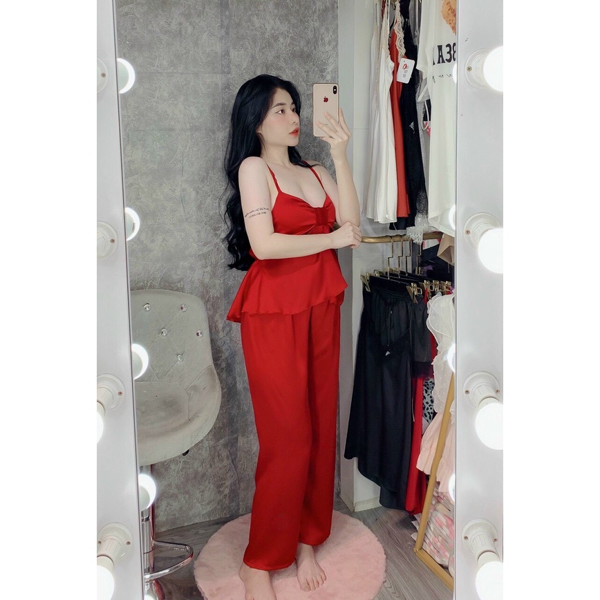 👉Sét đồ ngủ phối nơ 2 dây👉 quần dài lụa satin cao cấp dễ thương