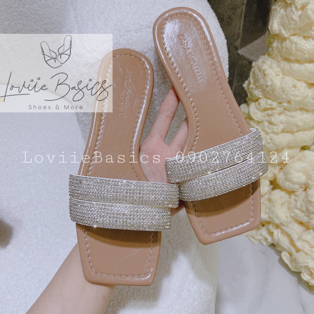 DÉP NỮ LOVIIEBASICS - DÉP THỜI TRANG QUAI NGANG ĐÍNH ĐÁ XOÀN ĐẾ BỆT NỮ TÍNH D220535