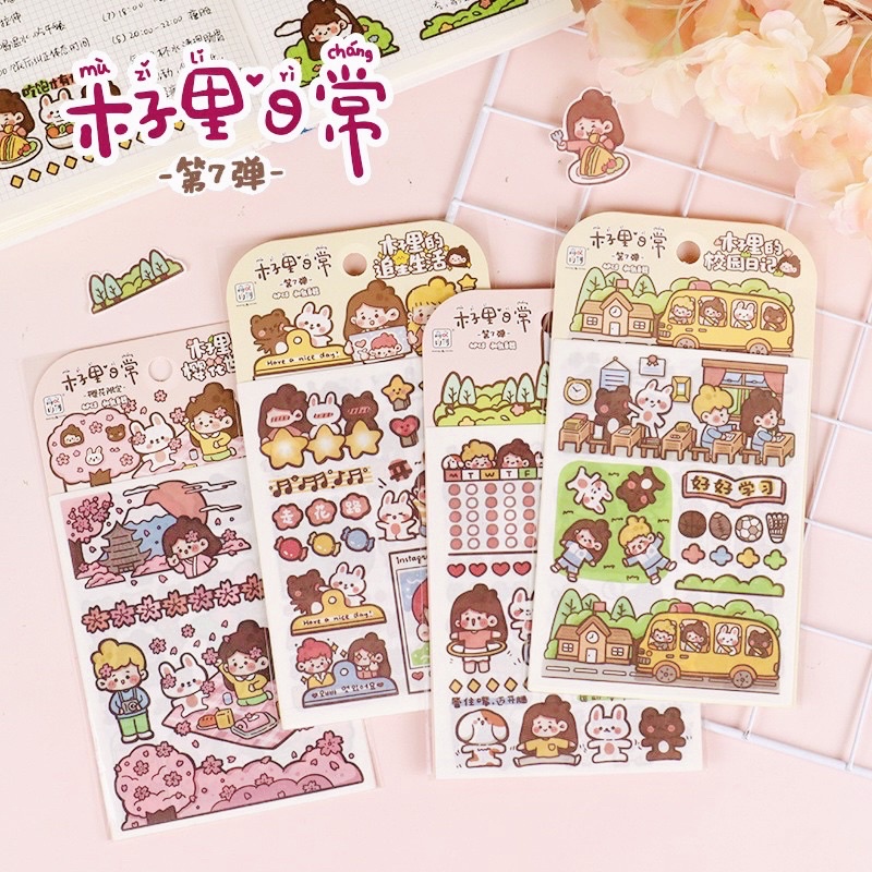 Set 4 Tấm Sticker Dạng Washi Tự Cắt Hình Cô Gái Và Gấu Dễ Thương Trang Trí Bullet Journal