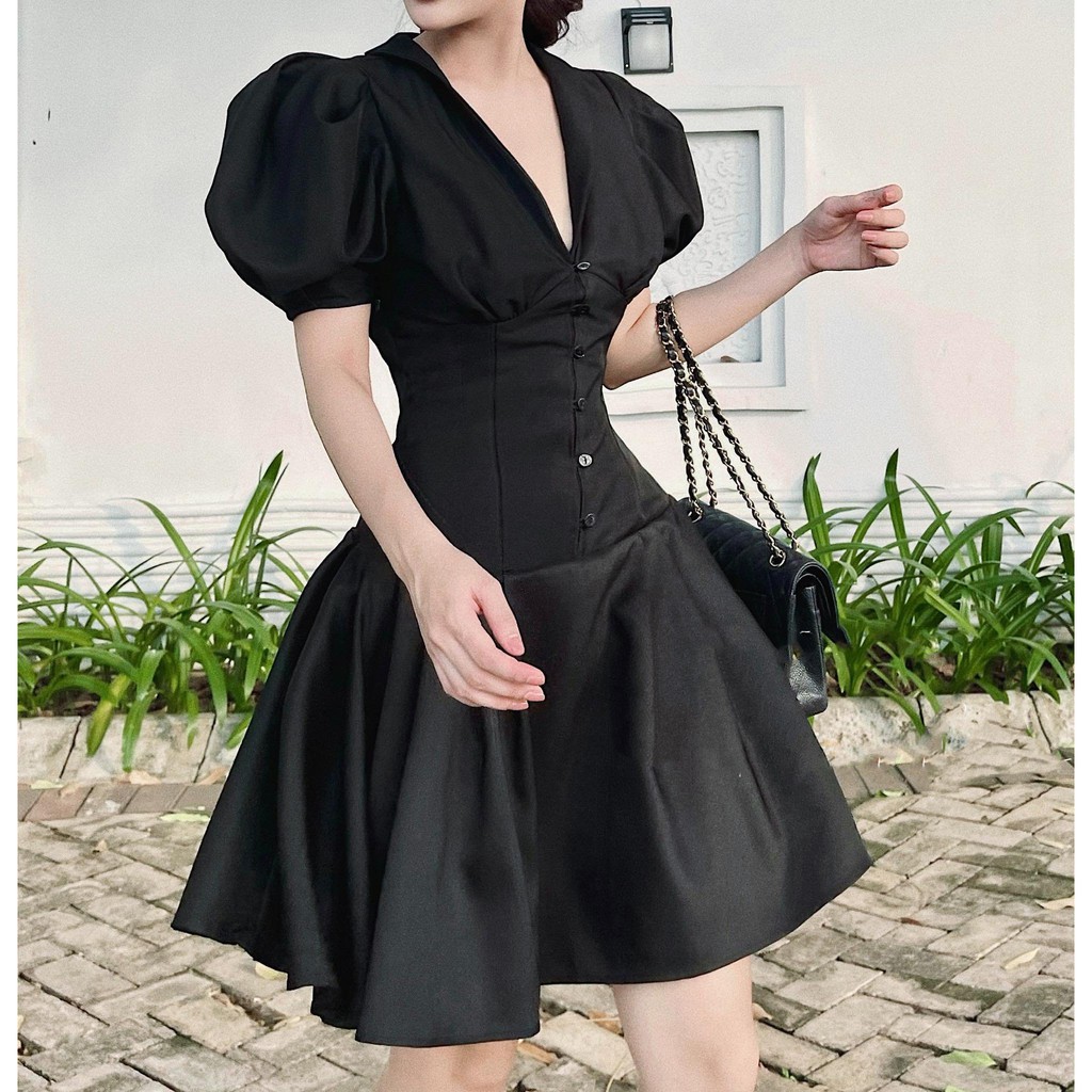 Đầm dự việc phối nút tùng xòe sang chảnh - Mabel Dress