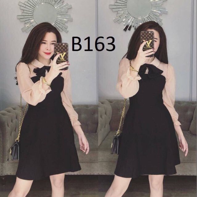 Đầm tay lưới kèm nơ cổ