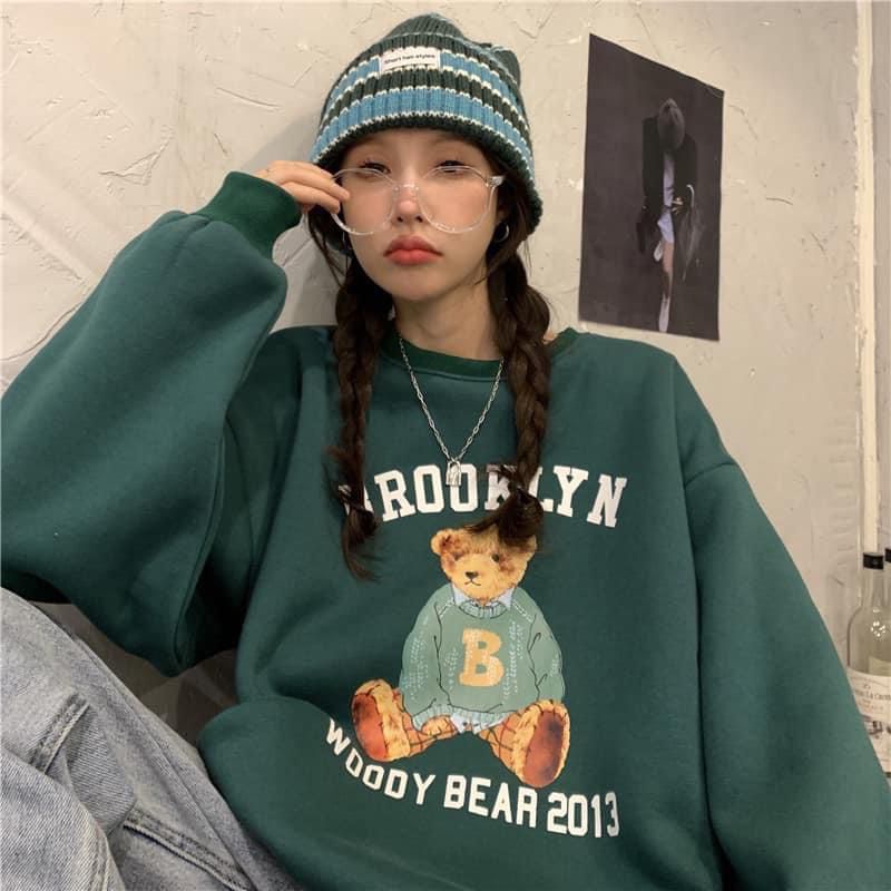 Áo Sweater Form Rộng Unisex Tay Bồng, Áo Gấu Brooklyn, Chất Nỉ Cotton Xuất Dư Dày, Màu Siêu Độc Lạ(Kèm Ảnh Thật 100%)