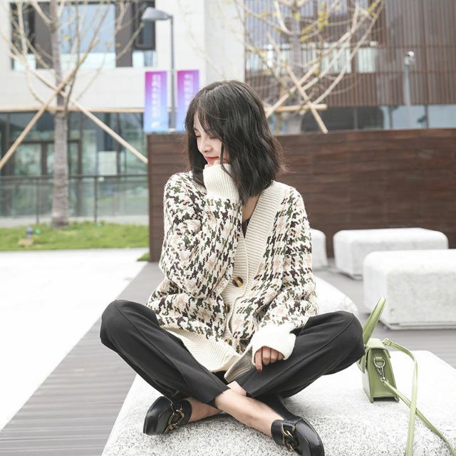 Áo khoác cardigan caro houndstooth màu sắc trang nhã trẻ trung hound stooth