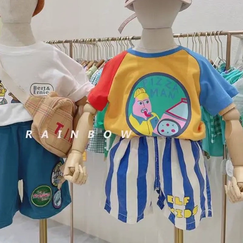 Áo Thun Cotton Tay Ngắn In Họa Tiết Hoạt Hình Màu Sắc Tương Phản Phong Cách Hàn Quốc Nhật Bản Dành Cho Bé Trai 2022