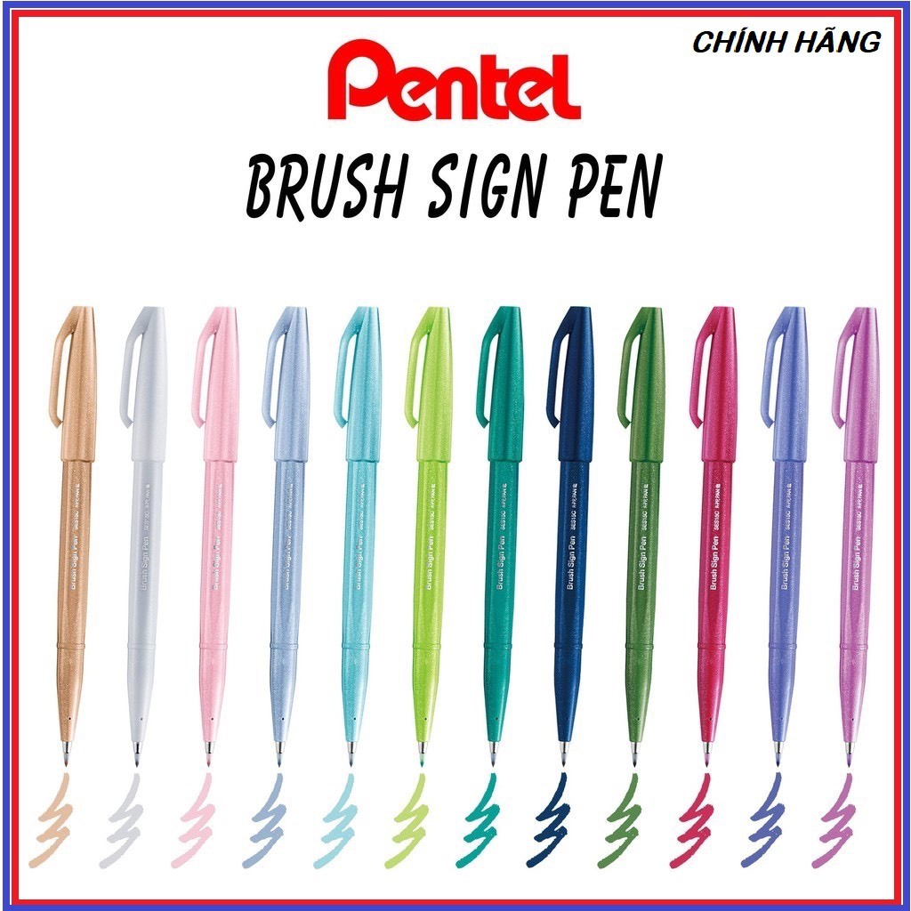 Bút viết thư pháp PENTEL Sign brush pen, fude touch 12 màu cơ bản SES15C