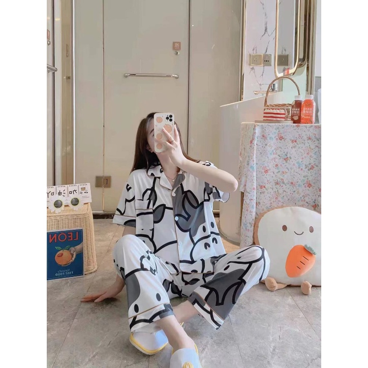 Đồ bộ bông lanh Quảng Châu, pijama quần dài tay ngắn, đồ mặc ở nhà họa tiết hoạt hình dễ thương