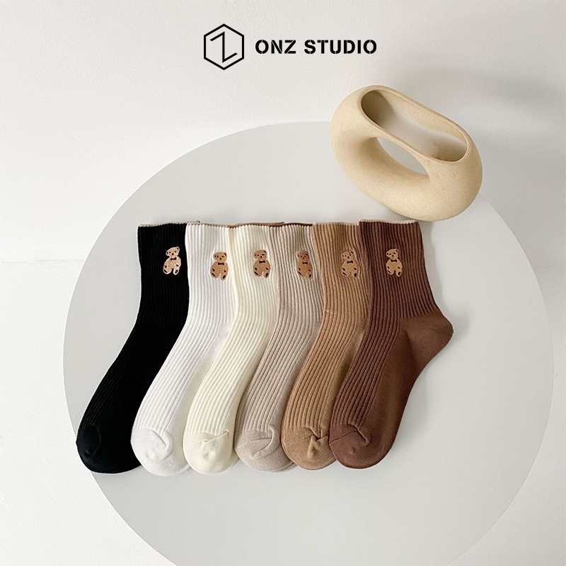 Vớ cotton ONZ Studio - SET 6 - Tất chân nam nữ cổ cao mềm mịn co giãn họa tiết gấu thêu tay phong cách vintage TA06