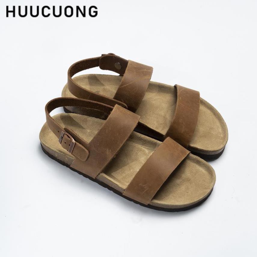 sandal nam giảm Sandal HuuCuong 2 quai da bò nâu đế trấu -az1