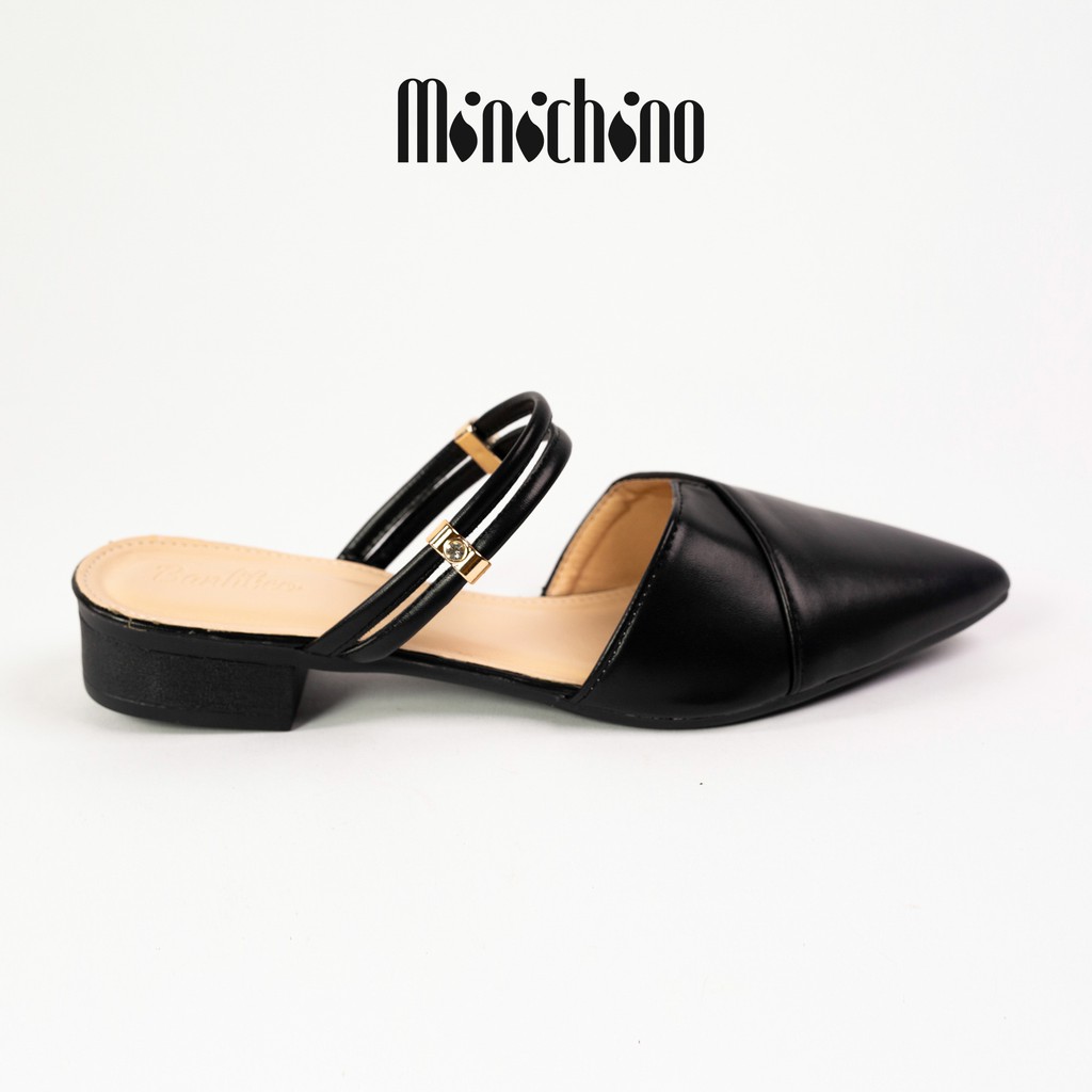 Giày sục nữ cao 3cm MINICHINO mũi nhọn hở gót phối dây thời trang màu kem TC051 | BigBuy360 - bigbuy360.vn