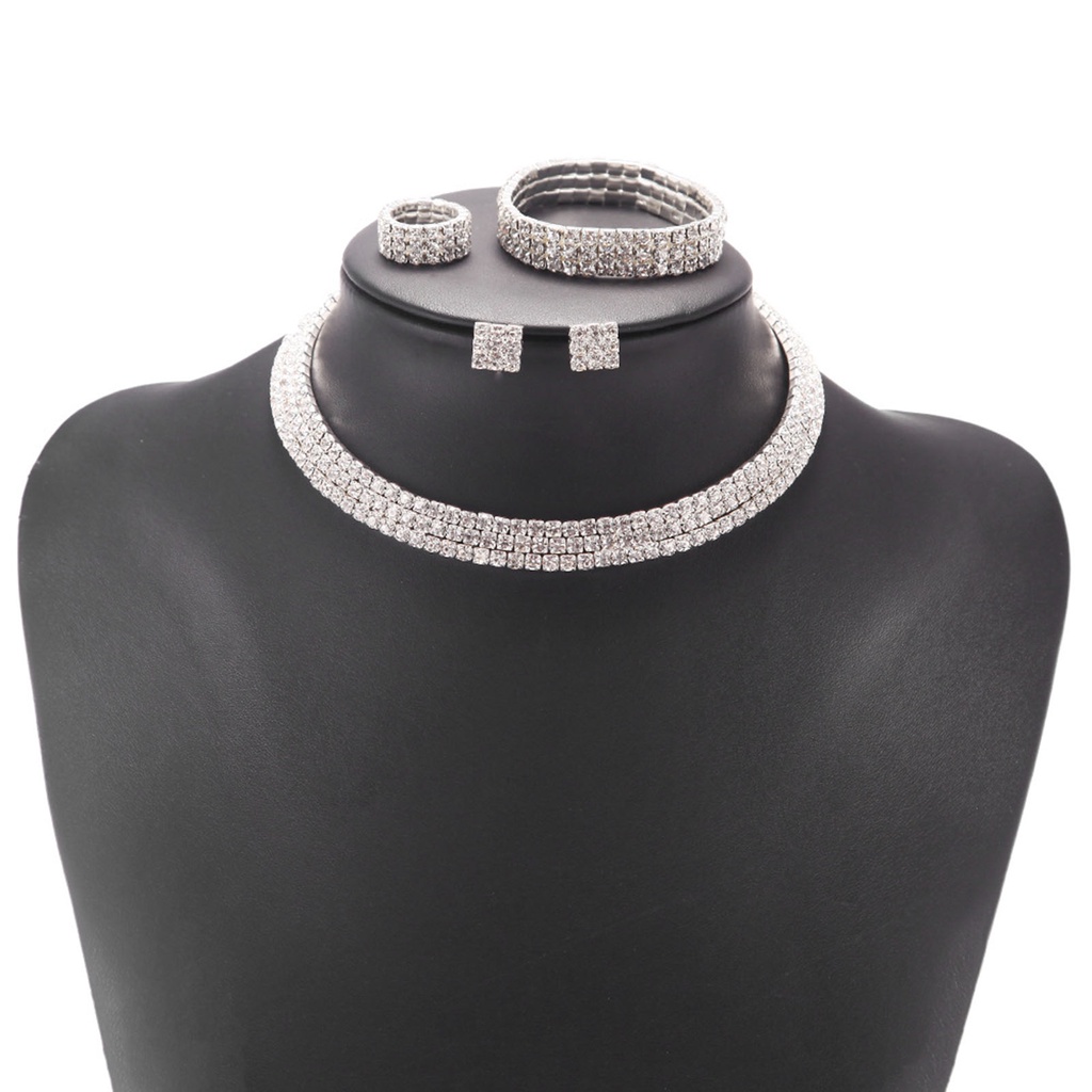 1 Bộ Trang Sức Vòng Tay Nhẫn Bông Tai Họa Tiết Hình Học Đính Đá Lấp Lánh Bắt Mắt Cho Đám Cưới