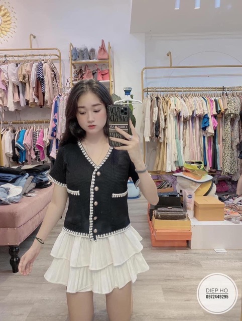 Áo cadigan dệt kim viền chỉ ngắn tay