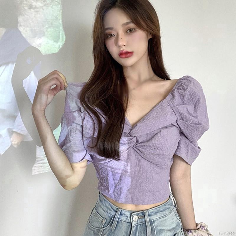 Áo Croptop Tay Ngắn Cổ Chữ V Màu Trơn Thiết Kế Quyến Rũ