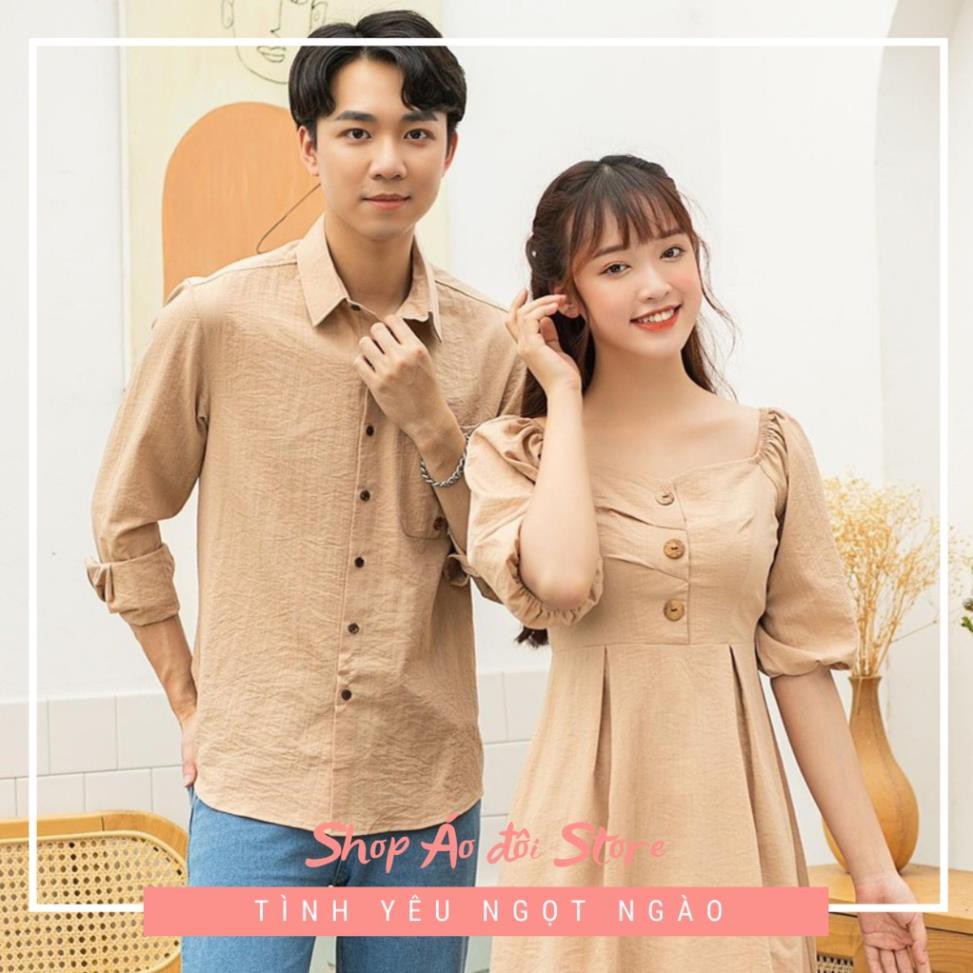 Bộ áo váy sơ mi cặp cao cấp, đồ đôi nam nữ  dễ thương, chất đẹp để chụp hình cưới, đi du lịch