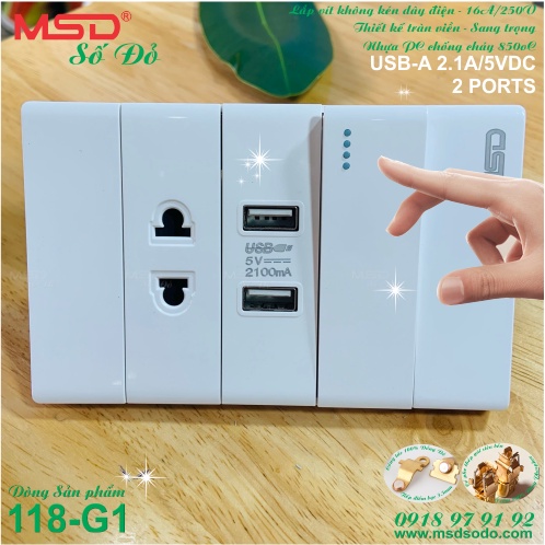 Ổ CẮM SẠC 2 USB + 1 CÔNG TẮC  + 1 Ổ CẮM 2P - DÒNG 118G1