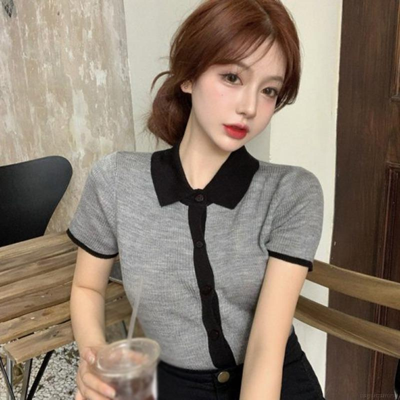 Áo Thun Dệt Kim Tay Ngắn Cổ Polo Phong Cách Thời Trang Hàn Quốc Cho Nữ