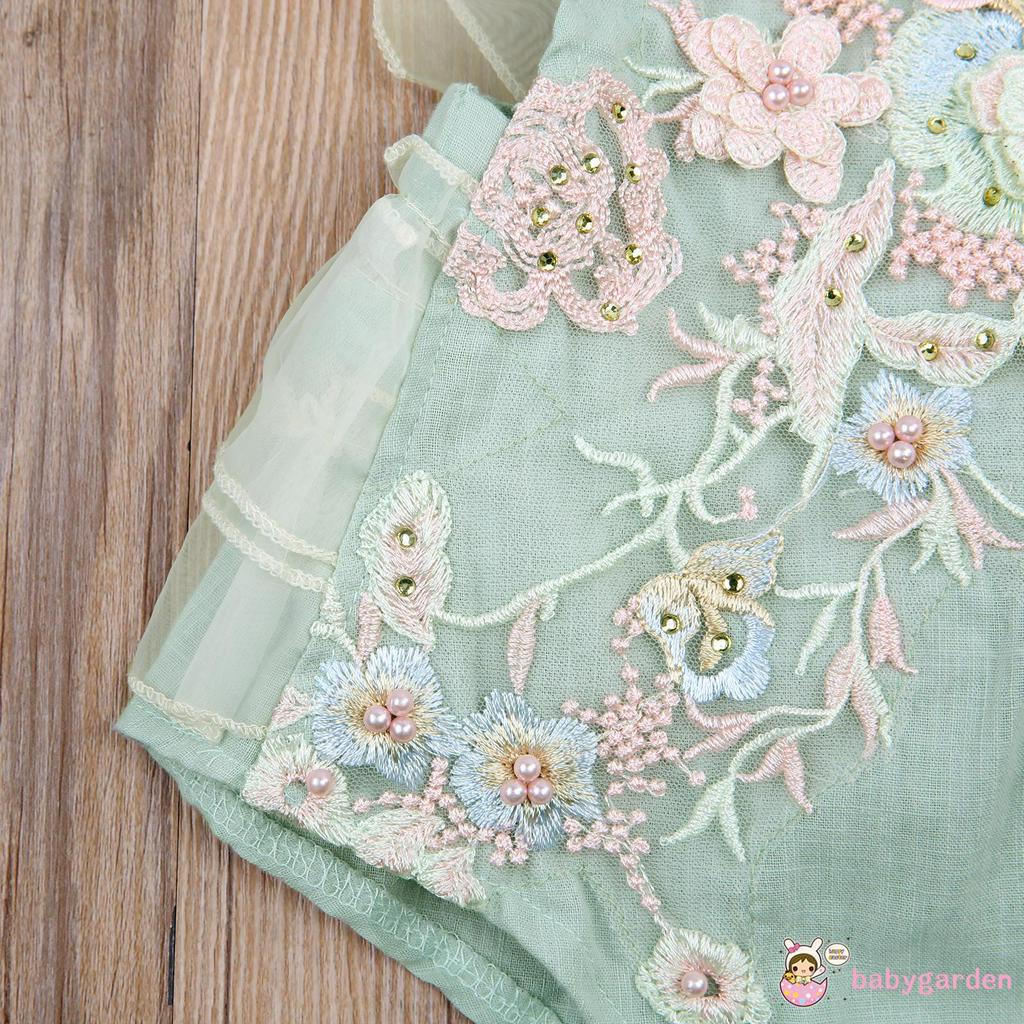 Áo liền quần cổ vuông thêu họa tiết hoa dễ thương cho bé gái