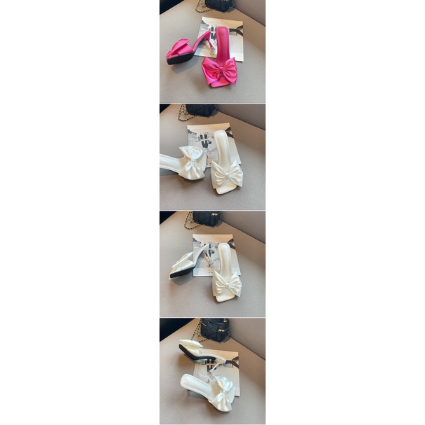 Giày Cao Gót Mũi Vuông Bằng Da Satin Thắt Nơ Xinh Xắn Thời Trang Phổ Biến Cho Nữ 3.35 Inch